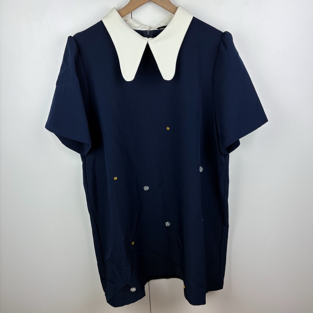 Sister Jane Peter Pant Collar Embellished Puff Sleeve Jacquard Mini Dress Navy - Picture 2 of 9